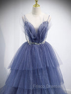 Blue V Neck Tulle Sequin Long Formal Prom Dress, Blue Tulle Formal Dress