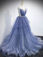Blue V Neck Tulle Sequin Long Formal Prom Dress, Blue Tulle Formal Dress