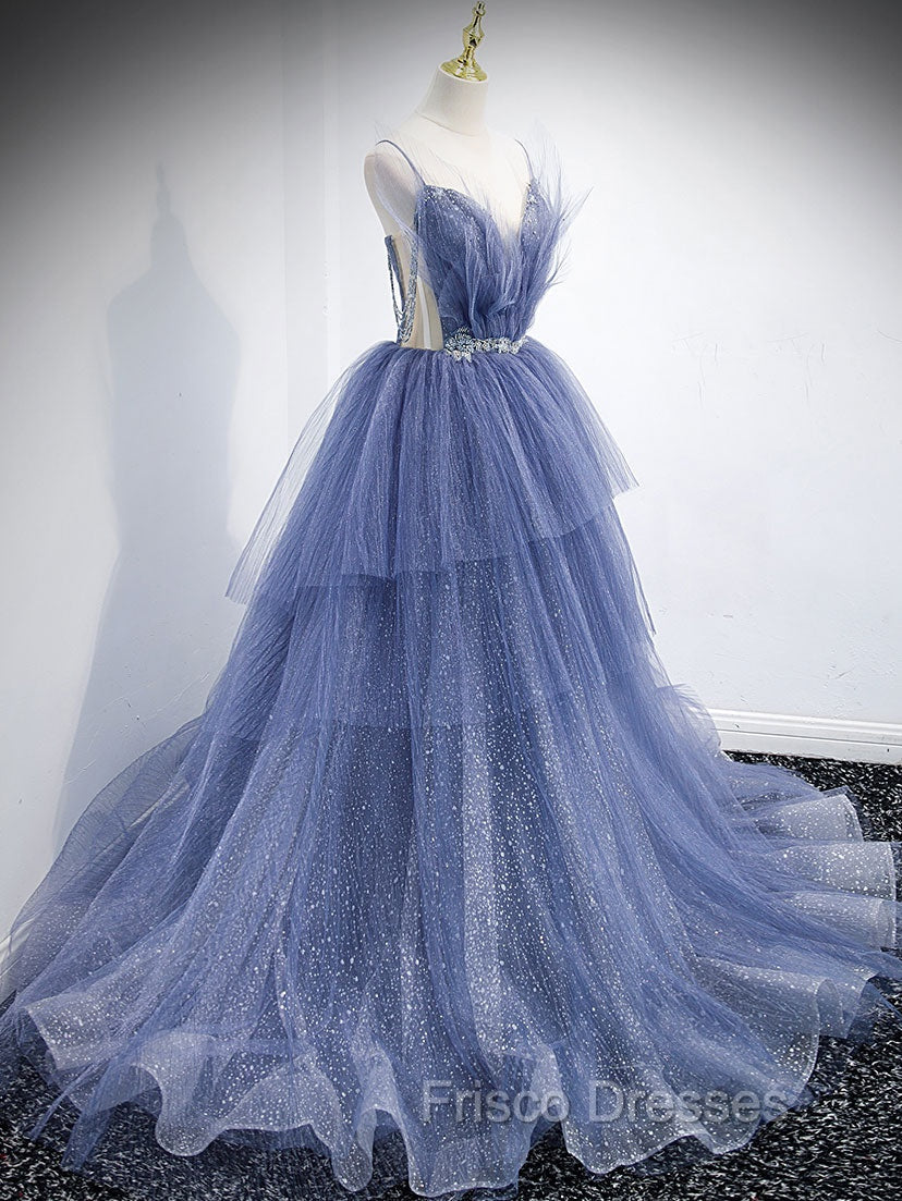 Blue V Neck Tulle Sequin Long Formal Prom Dress, Blue Tulle Formal Dress