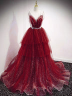 Blue V Neck Tulle Sequin Long Formal Prom Dress, Blue Tulle Formal Dress