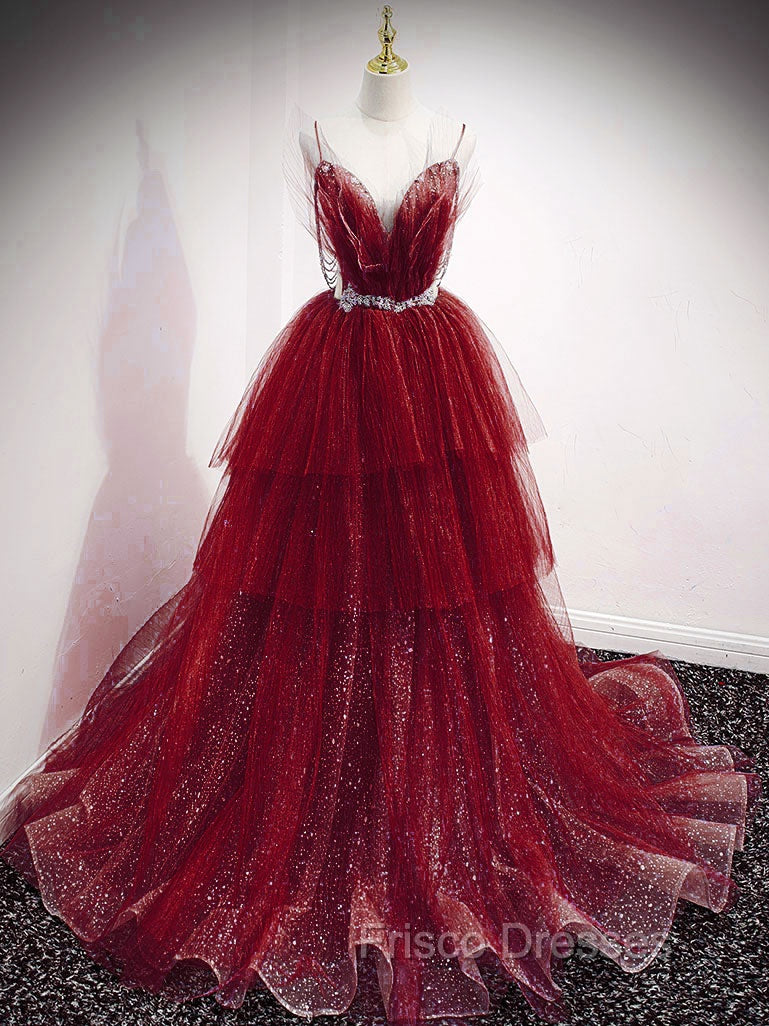 Blue V Neck Tulle Sequin Long Formal Prom Dress, Blue Tulle Formal Dress