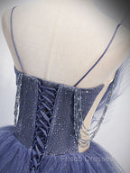 Blue V Neck Tulle Sequin Long Formal Prom Dress, Blue Tulle Formal Dress