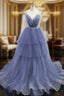 Blue V Neck Tulle Sequin Long Formal Prom Dress, Blue Tulle Formal Dress