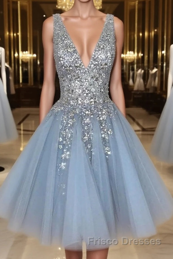 Blue v neck tulle sequin short Formal Prom Dresses, blue homecoming Dresses Main image