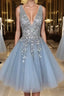 Blue v neck tulle sequin short Formal Prom Dresses, blue homecoming Dresses