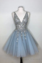 Blue v neck tulle sequin short Formal Prom Dresses, blue homecoming Dresses
