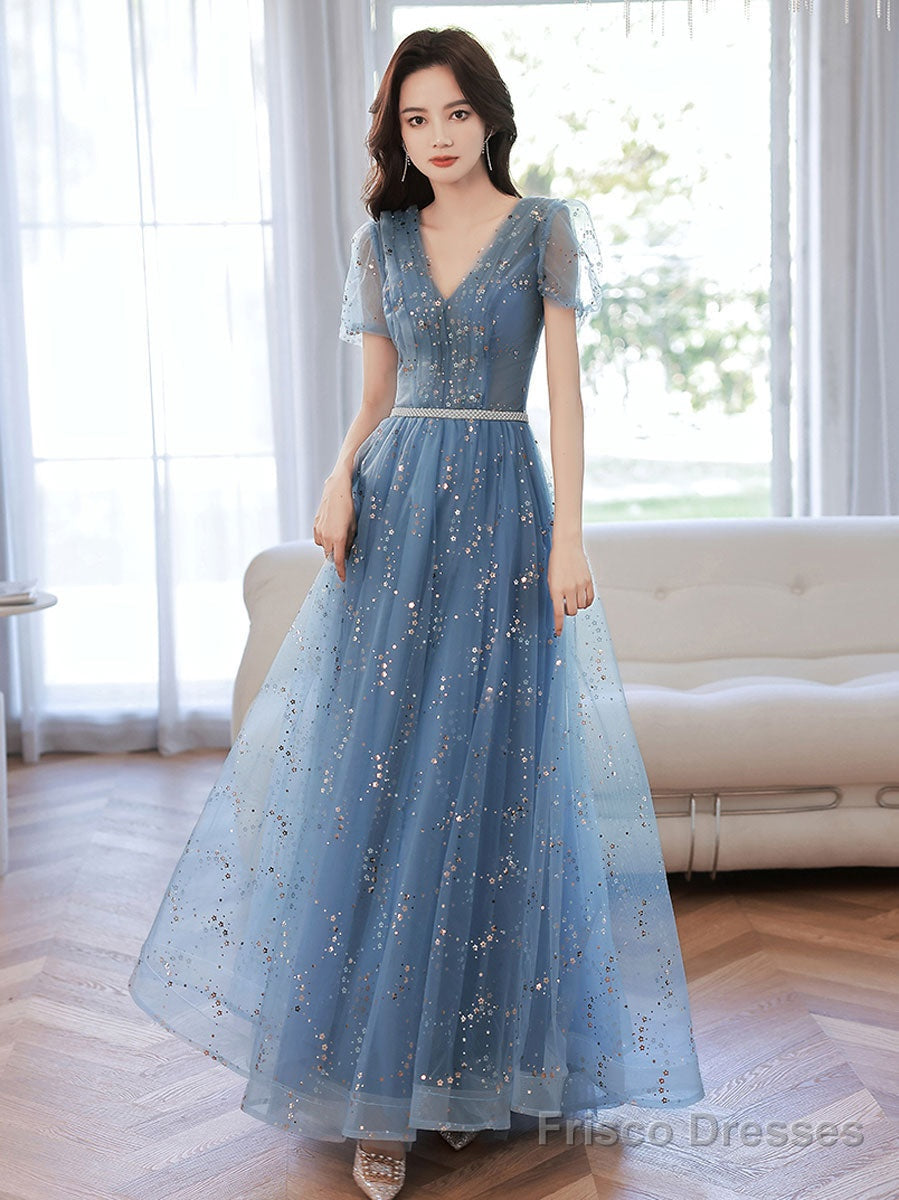 Blue V Neck Tulle Tea Length Prom Dress, Blue Sequin Evening Dress Main image