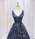 Blue V-neckline Lace Tulle Floor Length Party Dress, Blue Formal Prom Dress Formal Dress
