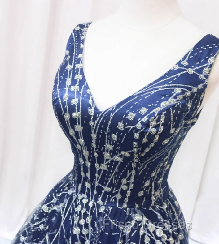 Blue V-neckline Lace Tulle Floor Length Party Dress, Blue Formal Prom Dress Formal Dress