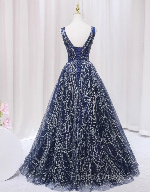 Blue V-neckline Lace Tulle Floor Length Party Dress, Blue Formal Prom Dress Formal Dress