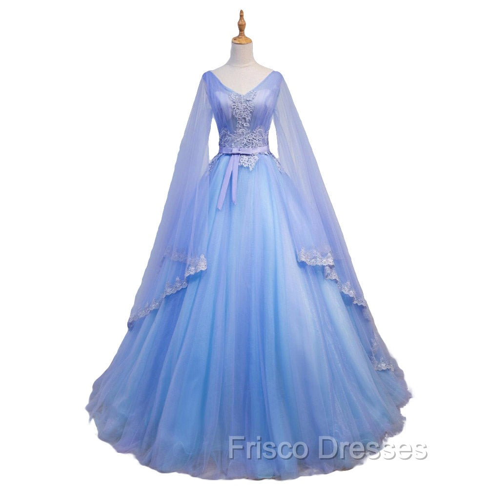 Blue V-neckline Formal Prom Dress with Long Sleeves, Lace Applique Party Dress For Teen Secondary image