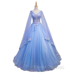 Blue V-neckline Formal Prom Dress with Long Sleeves, Lace Applique Party Dress For Teen