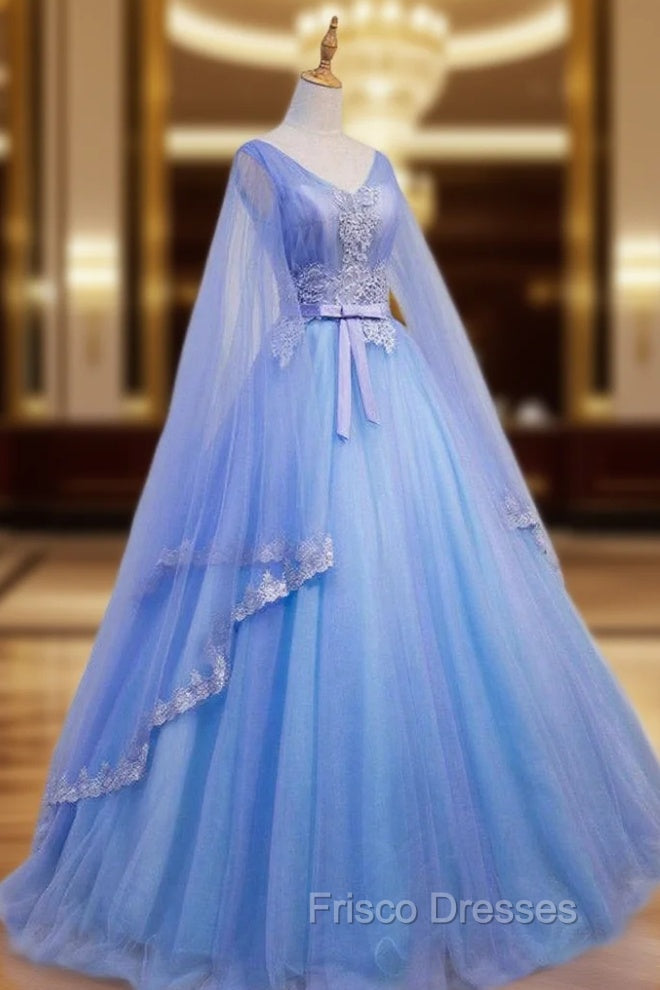 Blue V-neckline Formal Prom Dress with Long Sleeves, Lace Applique Party Dress For Teen Main image