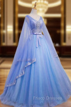 Blue V-neckline Formal Prom Dress with Long Sleeves, Lace Applique Party Dress For Teen