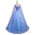 Blue V-neckline Formal Prom Dress with Long Sleeves, Lace Applique Party Dress For Teen