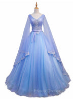 Blue V-neckline Formal Prom Dress with Long Sleeves, Lace Applique Party Dress For Teen