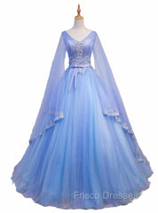 Blue V-neckline Formal Prom Dress with Long Sleeves, Lace Applique Party Dress For Teen