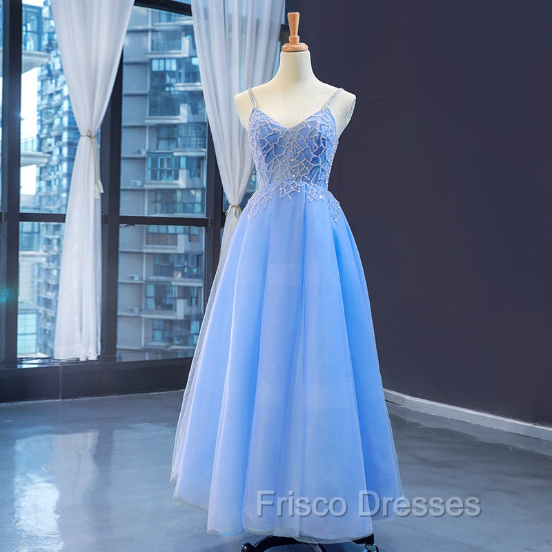 Blue V-neckline Tulle Beaded Long Straps Beaded Dress, Blue Fashionable Formal Dress Formal Prom Dress