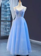 Blue V-neckline Tulle Beaded Long Straps Beaded Dress, Blue Fashionable Formal Dress Formal Prom Dress
