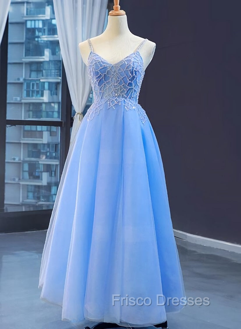 Blue V-neckline Tulle Beaded Long Straps Beaded Dress, Blue Fashionable Formal Dress Formal Prom Dress