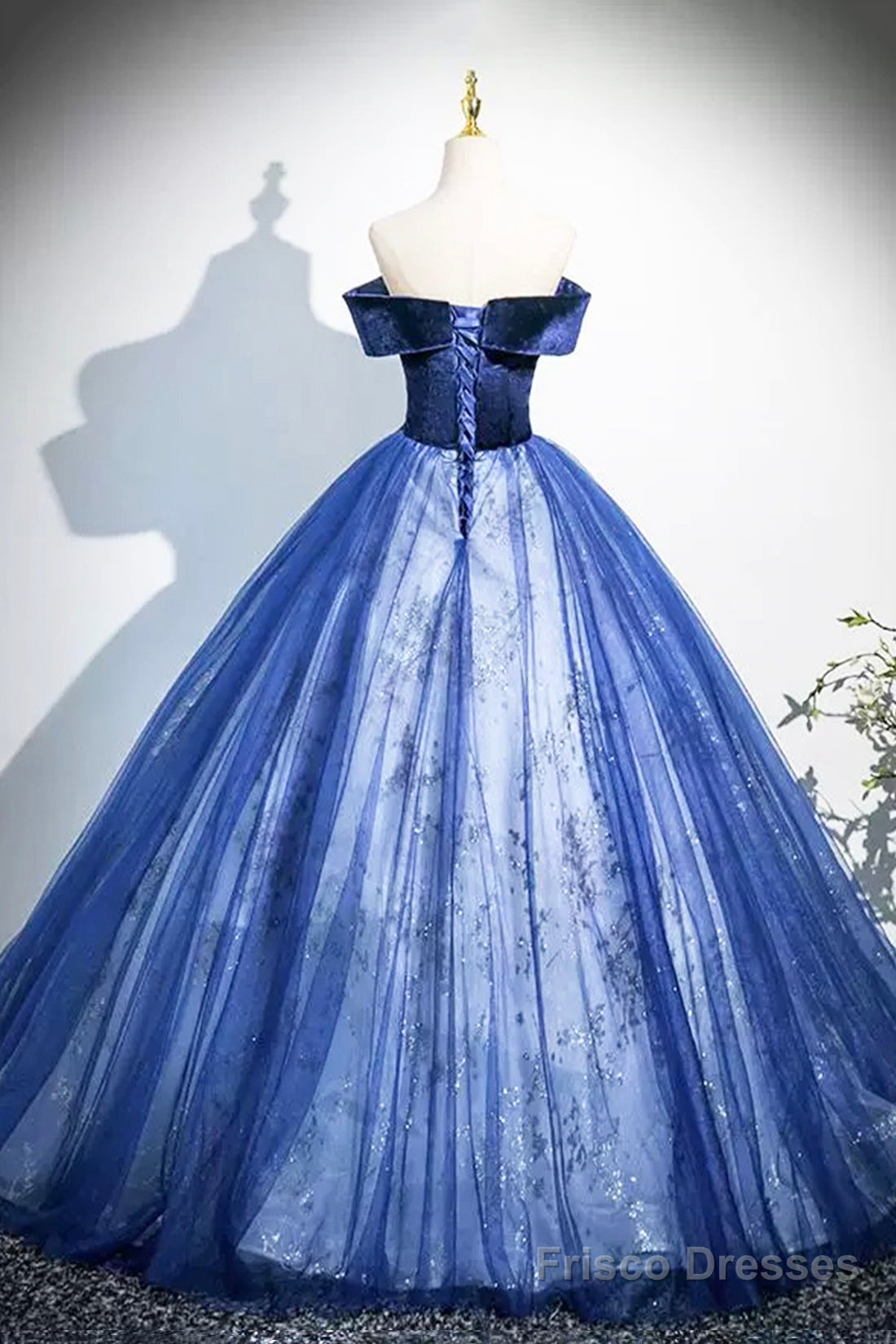 Blue Velvet And Tulle Long Prom Dress, Elegant Off The Shoulder Party