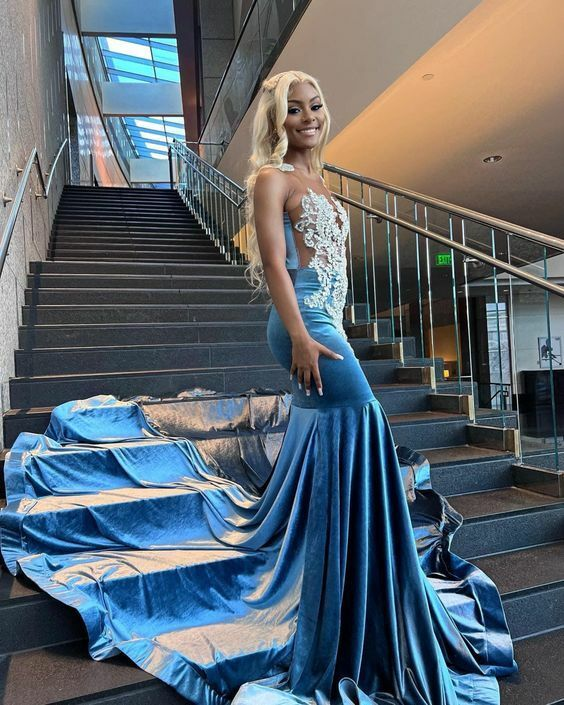 Blue Velvet Appliques Bead Meemaid Long Prom Dress Formal Evening Dress Secondary image