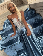 Blue Velvet Appliques Bead Meemaid Long Prom Dress Formal Evening Dress