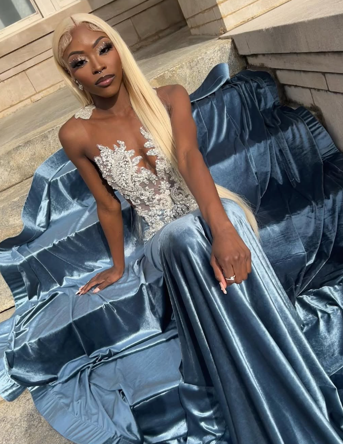 Blue Velvet Appliques Bead Meemaid Long Prom Dress Formal Evening Dress