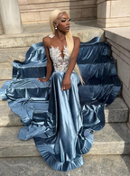Blue Velvet Appliques Bead Meemaid Long Prom Dress Formal Evening Dress