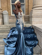 Blue Velvet Appliques Bead Meemaid Long Prom Dress Formal Evening Dress