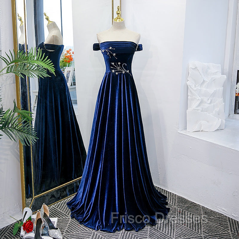 Blue Velvet Beaded Elegant Off Shoulder Evening Dress, Blue Long Formal Prom Dress Party Dress Secondary image