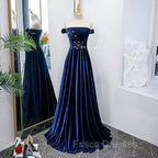 Blue Velvet Beaded Elegant Off Shoulder Evening Dress, Blue Long Formal Prom Dress Party Dress