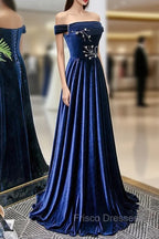 Blue Velvet Beaded Elegant Off Shoulder Evening Dress, Blue Long Formal Prom Dress Party Dress