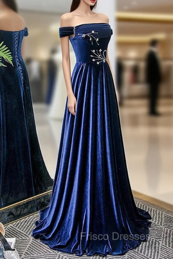 Blue Velvet Beaded Elegant Off Shoulder Evening Dress, Blue Long Formal Prom Dress Party Dress