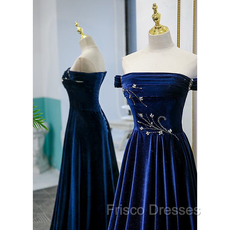 Blue Velvet Beaded Elegant Off Shoulder Evening Dress, Blue Long Formal Prom Dress Party Dress