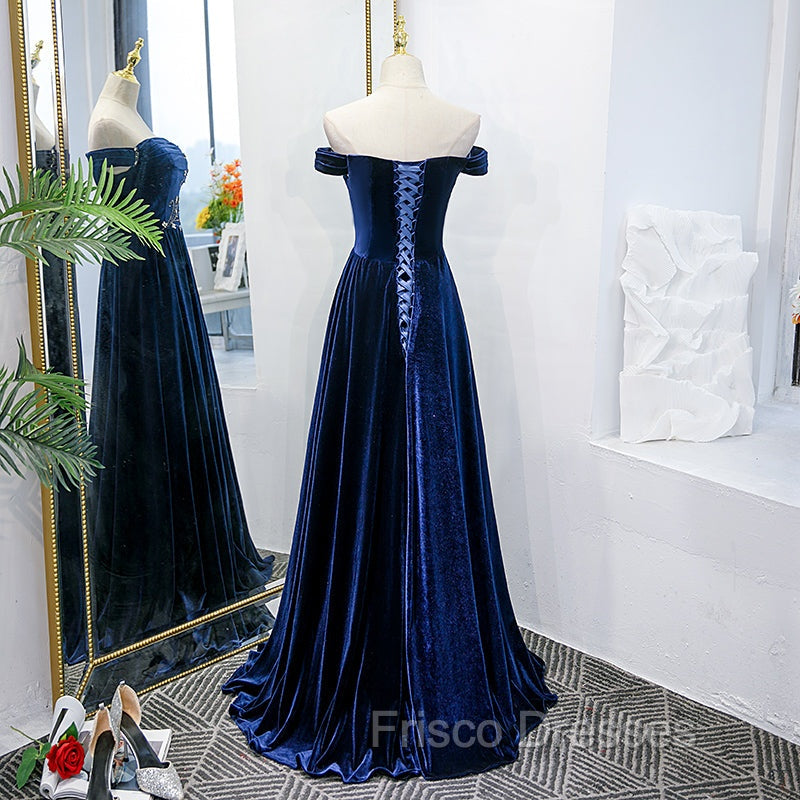 Blue Velvet Beaded Elegant Off Shoulder Evening Dress, Blue Long Formal Prom Dress Party Dress