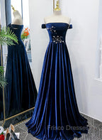Blue Velvet Beaded Elegant Off Shoulder Evening Dress, Blue Long Formal Prom Dress Party Dress