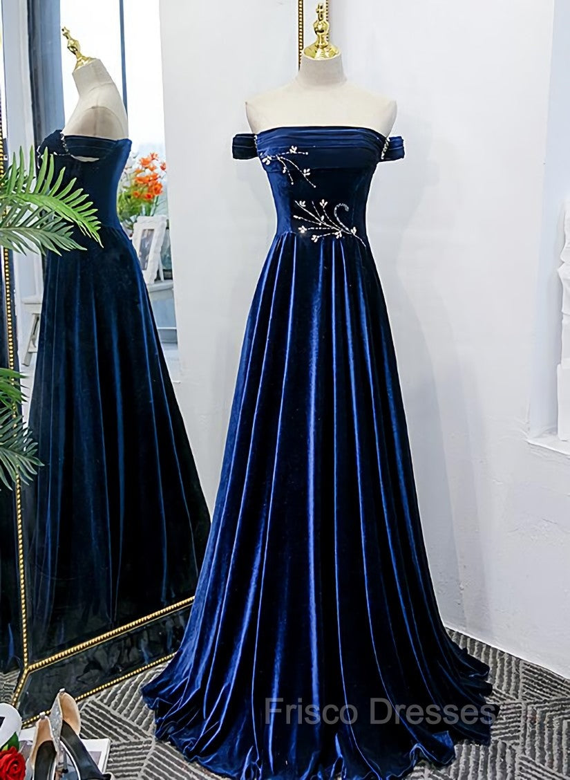 Blue Velvet Beaded Elegant Off Shoulder Evening Dress, Blue Long Formal Prom Dress Party Dress