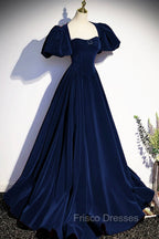 Blue Velvet Floor Length Formal Prom Dress, Elegant Short Sleeve Evening Party Dress