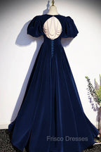Blue Velvet Floor Length Formal Prom Dress, Elegant Short Sleeve Evening Party Dress