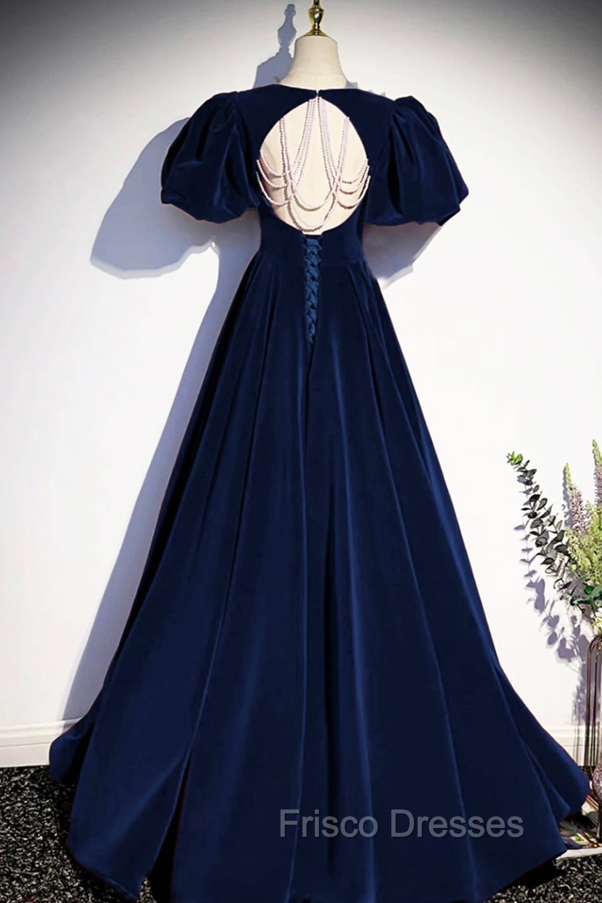 Blue Velvet Floor Length Formal Prom Dress, Elegant Short Sleeve Evening Party Dress