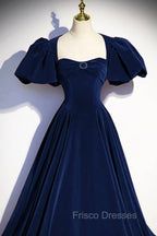 Blue Velvet Floor Length Formal Prom Dress, Elegant Short Sleeve Evening Party Dress