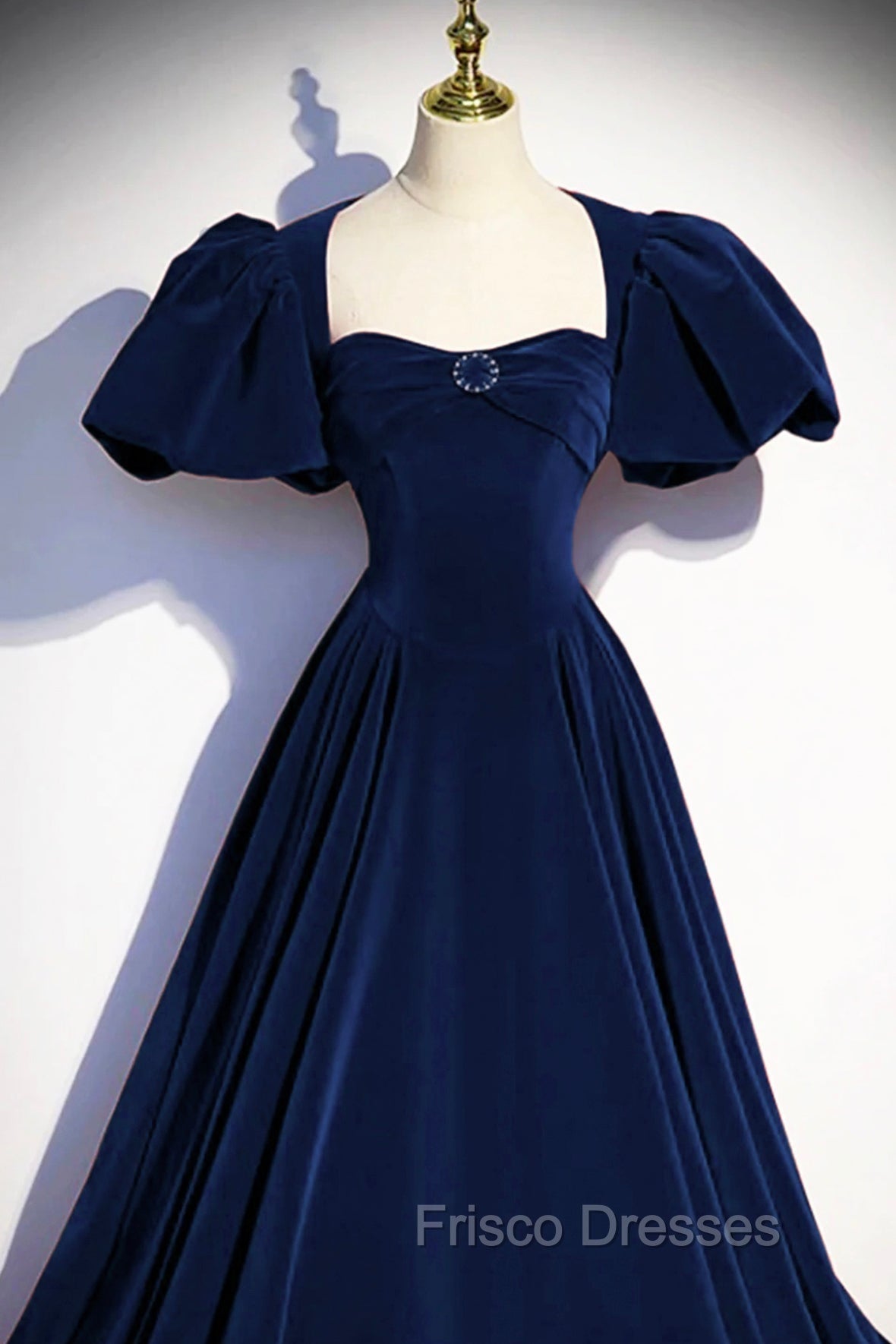 Blue Velvet Floor Length Formal Prom Dress, Elegant Short Sleeve Evening Party Dress