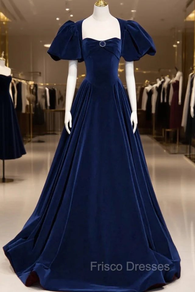 Blue Velvet Floor Length Formal Prom Dress, Elegant Short Sleeve Evening Party Dress Main image