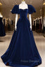 Blue Velvet Floor Length Formal Prom Dress, Elegant Short Sleeve Evening Party Dress