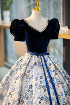 Blue Velvet Floor Length Formal Prom Dress with Short Sleeve, Blue V-Neck Formal Evening Dress