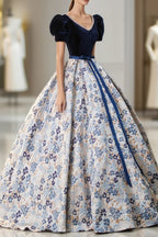 Blue Velvet Floor Length Formal Prom Dress with Short Sleeve, Blue V-Neck Formal Evening Dress