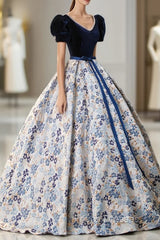 Blue Velvet Floor Length Formal Prom Dress with Short Sleeve, Blue V-Neck Formal Evening Dress