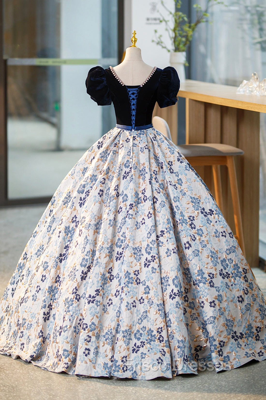 Blue Velvet Floor Length Formal Prom Dress with Short Sleeve, Blue V-Neck Formal Evening Dress