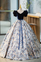 Blue Velvet Floor Length Formal Prom Dress with Short Sleeve, Blue V-Neck Formal Evening Dress